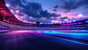 A photograph of a modern race track illuminated by advanced led lighting systems at dusk