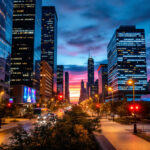 A photograph of a modern urban landscape in chicago at dusk