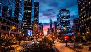 A photograph of a modern urban landscape in chicago at dusk