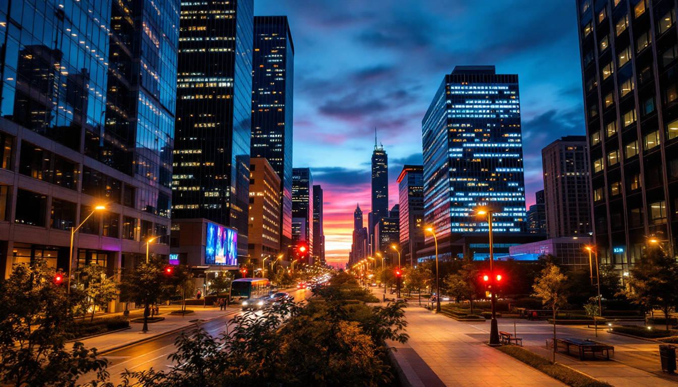 A photograph of a modern urban landscape in chicago at dusk