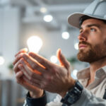 A photograph of a lighting contractor inspecting a flickering light bulb in a commercial setting