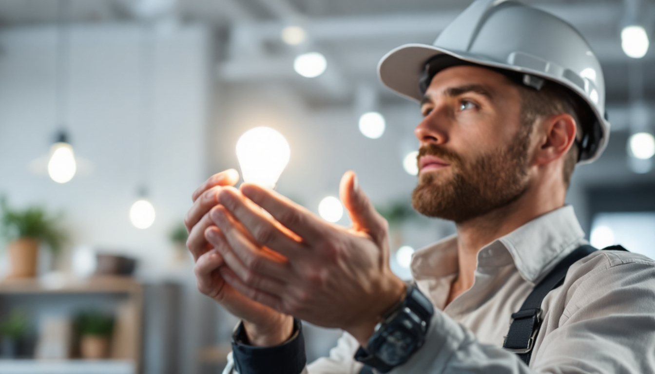 A photograph of a lighting contractor inspecting a flickering light bulb in a commercial setting