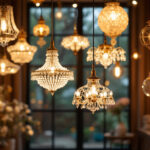 A photograph of a beautifully arranged display of various chandeliers in a well-lit setting