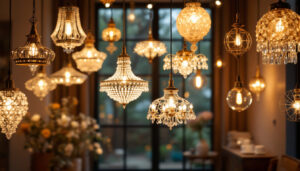 A photograph of a beautifully arranged display of various chandeliers in a well-lit setting