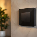 A photograph of a stylish three-way light switch setup in a modern home environment