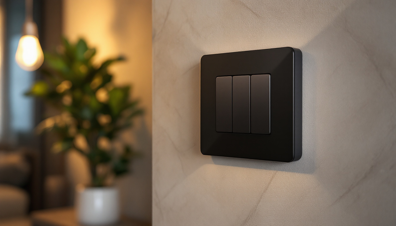 A photograph of a stylish three-way light switch setup in a modern home environment
