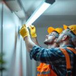 A photograph of a person carefully installing a fluorescent tube light fixture in a well-lit room