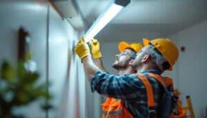 A photograph of a person carefully installing a fluorescent tube light fixture in a well-lit room
