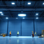 A photograph of a well-lit industrial space featuring a high bay ufo led light installation