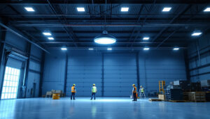 A photograph of a well-lit industrial space featuring a high bay ufo led light installation