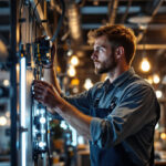 A photograph of a skilled electrician or lighting designer working intently on a modern lighting installation
