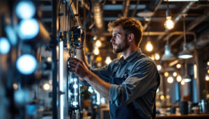 A photograph of a skilled electrician or lighting designer working intently on a modern lighting installation