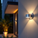 A photograph of a well-lit outdoor space featuring a solar light wall mount installed on a stylish exterior wall