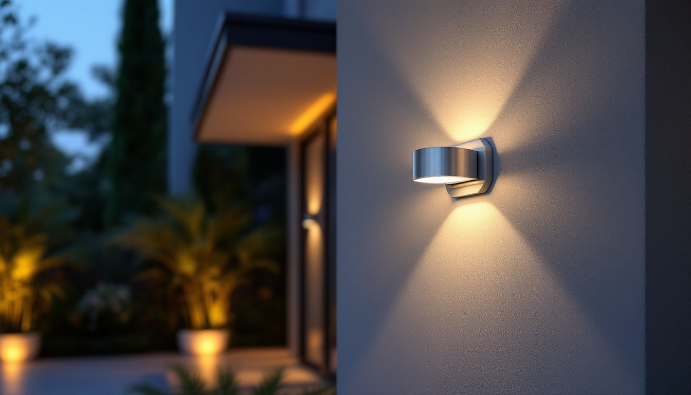 A photograph of a well-lit outdoor space featuring a solar light wall mount installed on a stylish exterior wall