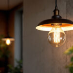 A photograph of a beautifully designed hanging lighting fixture installed in a stylish residential or commercial space
