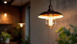 A photograph of a beautifully designed hanging lighting fixture installed in a stylish residential or commercial space