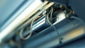 A photograph of a close-up view of a fluorescent light fixture with its ballast exposed