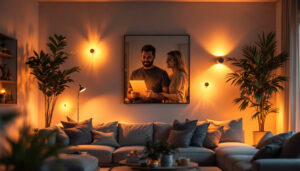 A photograph of a modern living room illuminated by warm led home lights