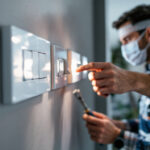 A photograph of a skilled lighting contractor inspecting and adjusting various toggle light switches in a modern home setting