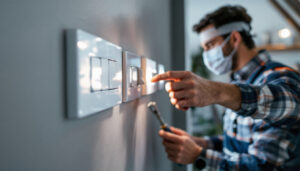 A photograph of a skilled lighting contractor inspecting and adjusting various toggle light switches in a modern home setting
