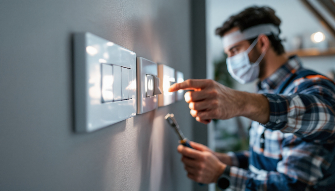 A photograph of a skilled lighting contractor inspecting and adjusting various toggle light switches in a modern home setting