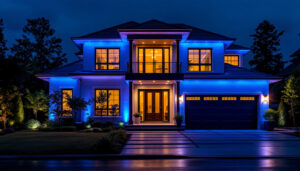 A photograph of a beautifully illuminated house featuring striking blue lights