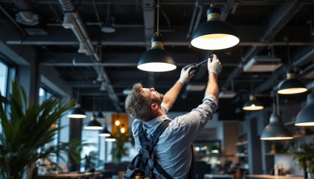 A photograph of a lighting contractor expertly installing nauticus lighting fixtures in a modern commercial space