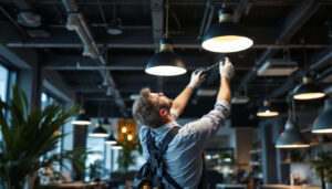 A photograph of a lighting contractor expertly installing nauticus lighting fixtures in a modern commercial space