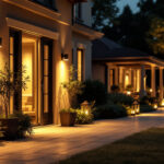 A photograph of a well-lit outdoor space showcasing various styles of exterior security lights in use