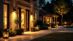 A photograph of a well-lit outdoor space showcasing various styles of exterior security lights in use