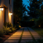 A photograph of a well-lit outdoor space featuring solar security lights in action