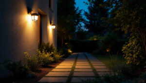 A photograph of a well-lit outdoor space featuring solar security lights in action