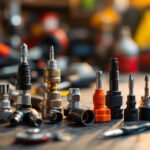 A photograph of a close-up shot of various landscape lighting wire connectors arranged aesthetically on a workbench