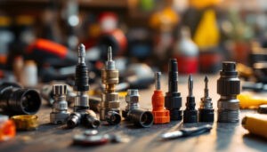 A photograph of a close-up shot of various landscape lighting wire connectors arranged aesthetically on a workbench