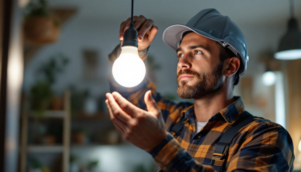 A photograph of a lighting contractor installing or adjusting a 200-watt bulb in a residential or commercial setting