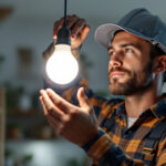 A photograph of a lighting contractor installing or adjusting a 200-watt bulb in a residential or commercial setting