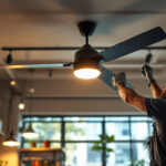 A photograph of a well-lit commercial space featuring a stylish ceiling fan in action