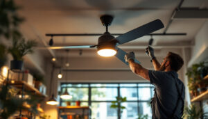 A photograph of a well-lit commercial space featuring a stylish ceiling fan in action