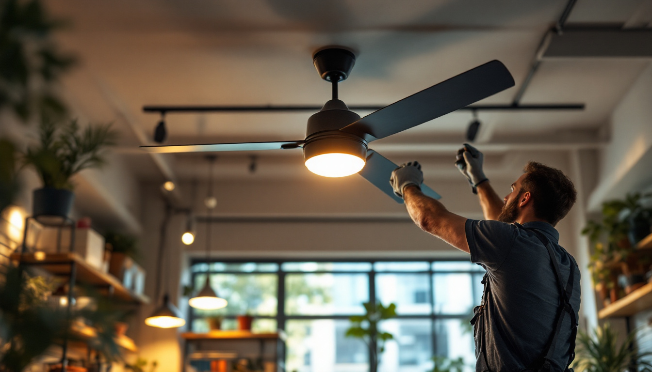 A photograph of a well-lit commercial space featuring a stylish ceiling fan in action