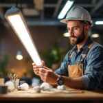 A photograph of a lighting contractor examining and installing t5 led bulbs in a modern workspace