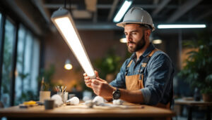 A photograph of a lighting contractor examining and installing t5 led bulbs in a modern workspace