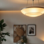 A photograph of a stylish semi-flush mount lighting fixture installed in a modern living space