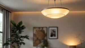 A photograph of a stylish semi-flush mount lighting fixture installed in a modern living space