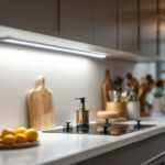 A photograph of a well-designed under cabinet light fixture in a stylish kitchen setting