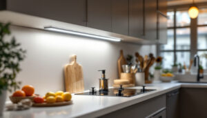 A photograph of a well-designed under cabinet light fixture in a stylish kitchen setting