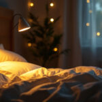 A photograph of a stylish bed led lamp illuminating a cozy bedroom scene