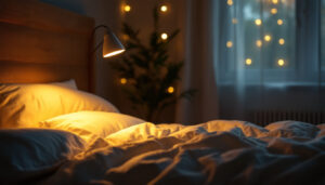 A photograph of a stylish bed led lamp illuminating a cozy bedroom scene