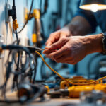 A photograph of a skilled lighting contractor expertly wiring a 120v plug