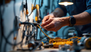 A photograph of a skilled lighting contractor expertly wiring a 120v plug