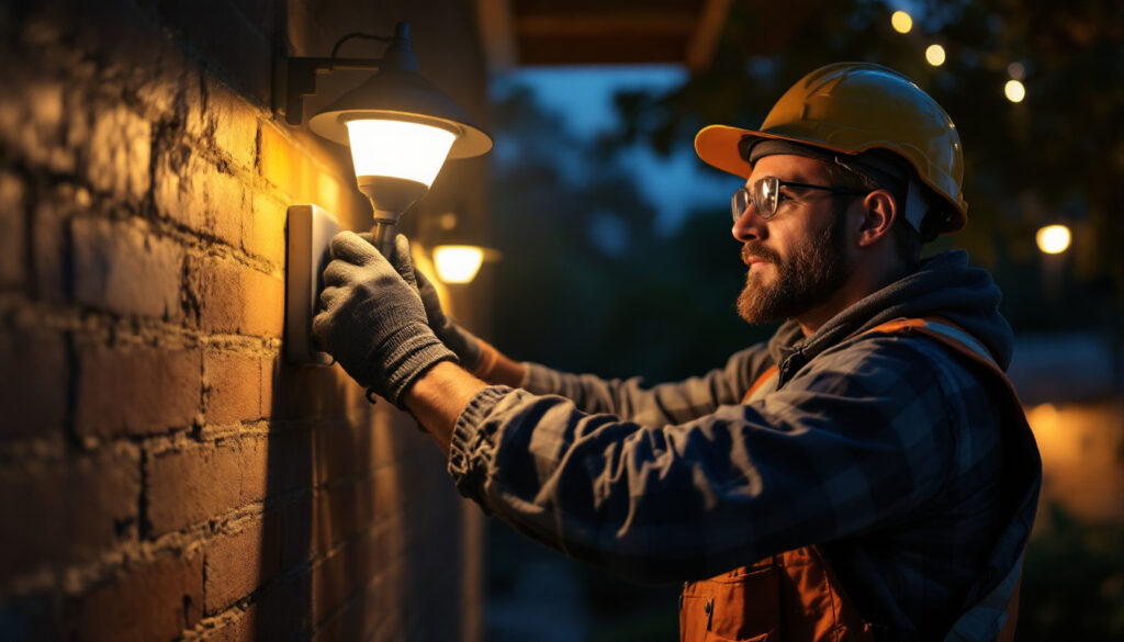 A photograph of a lighting contractor installing or adjusting a photocell light in an outdoor setting at dusk